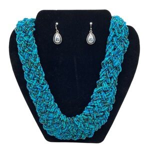 Seed Bead Necklace Wide Braided Artisan Made Blue Green